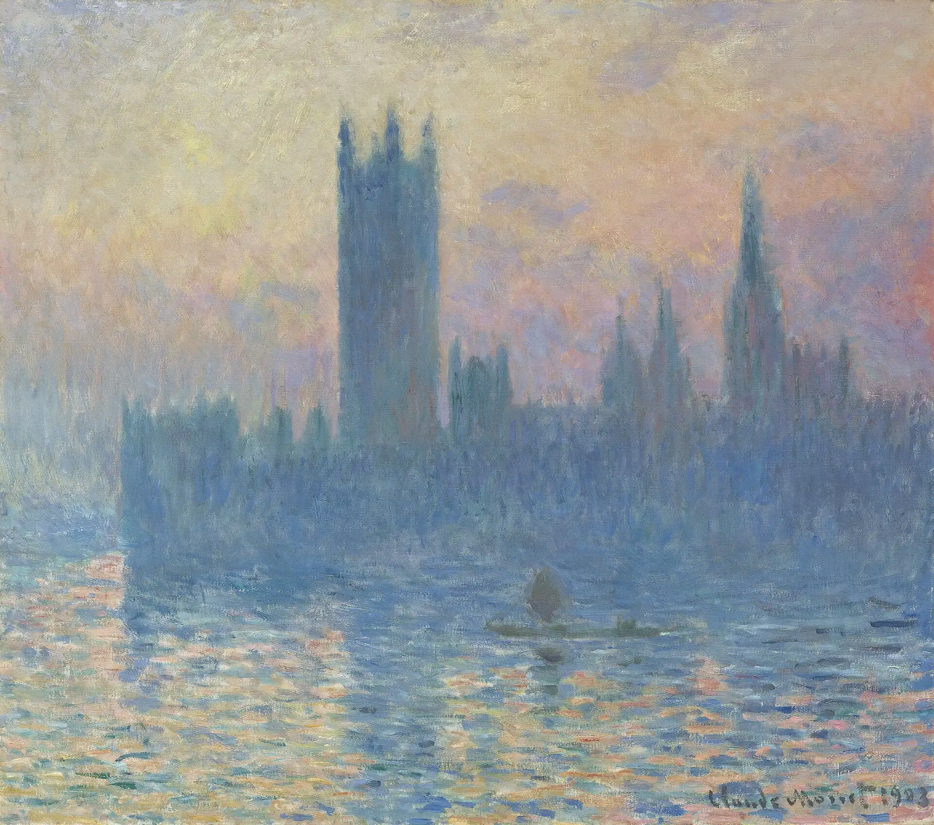 The Parliament towers as blue shadows in fog, with a low orange sun on the river.