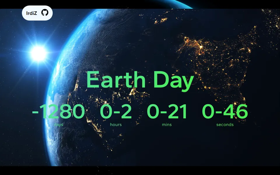 A night photo of earth from space with a big green countdown that reads minus 1280 days.