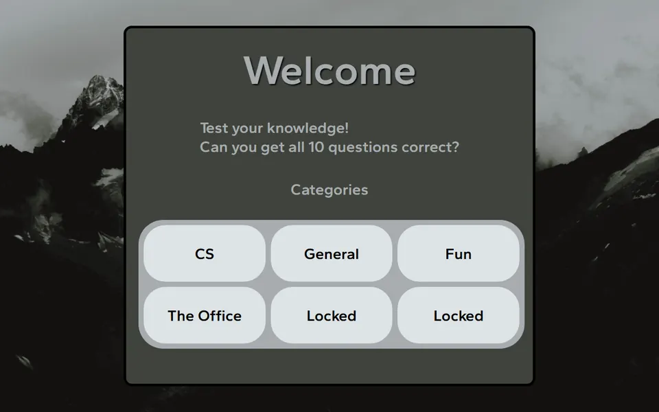 The quiz start screen with six category buttons, two of them locked, over a misty mountain photo.
