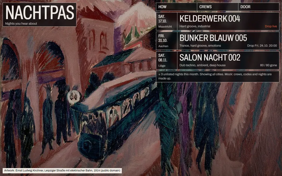 The Nachtpas prototype, a list of club nights over a Kirchner street painting.