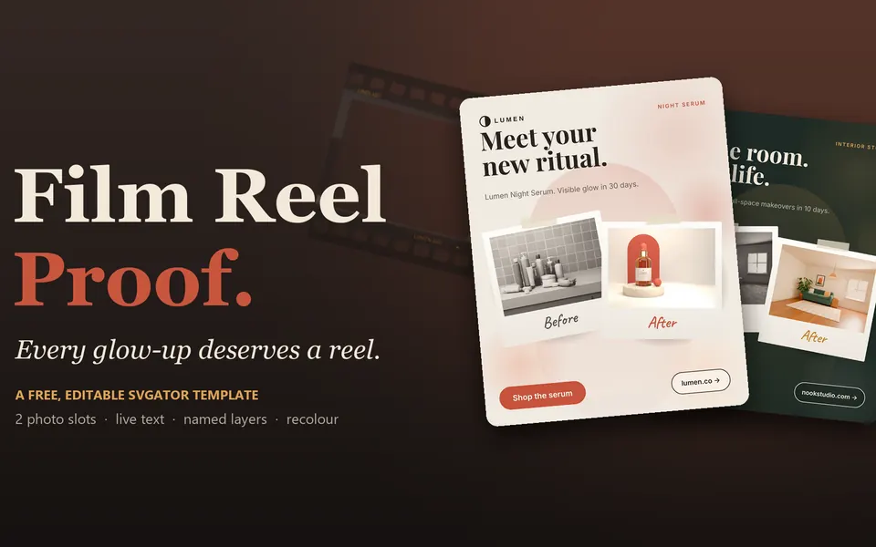 The entry cover: Film Reel Proof, an editable SVGator template with before and after photo slots.