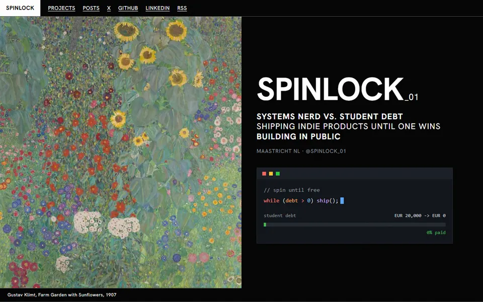 The home page of this blog, a Klimt painting next to the spinlock wordmark and the debt counter.